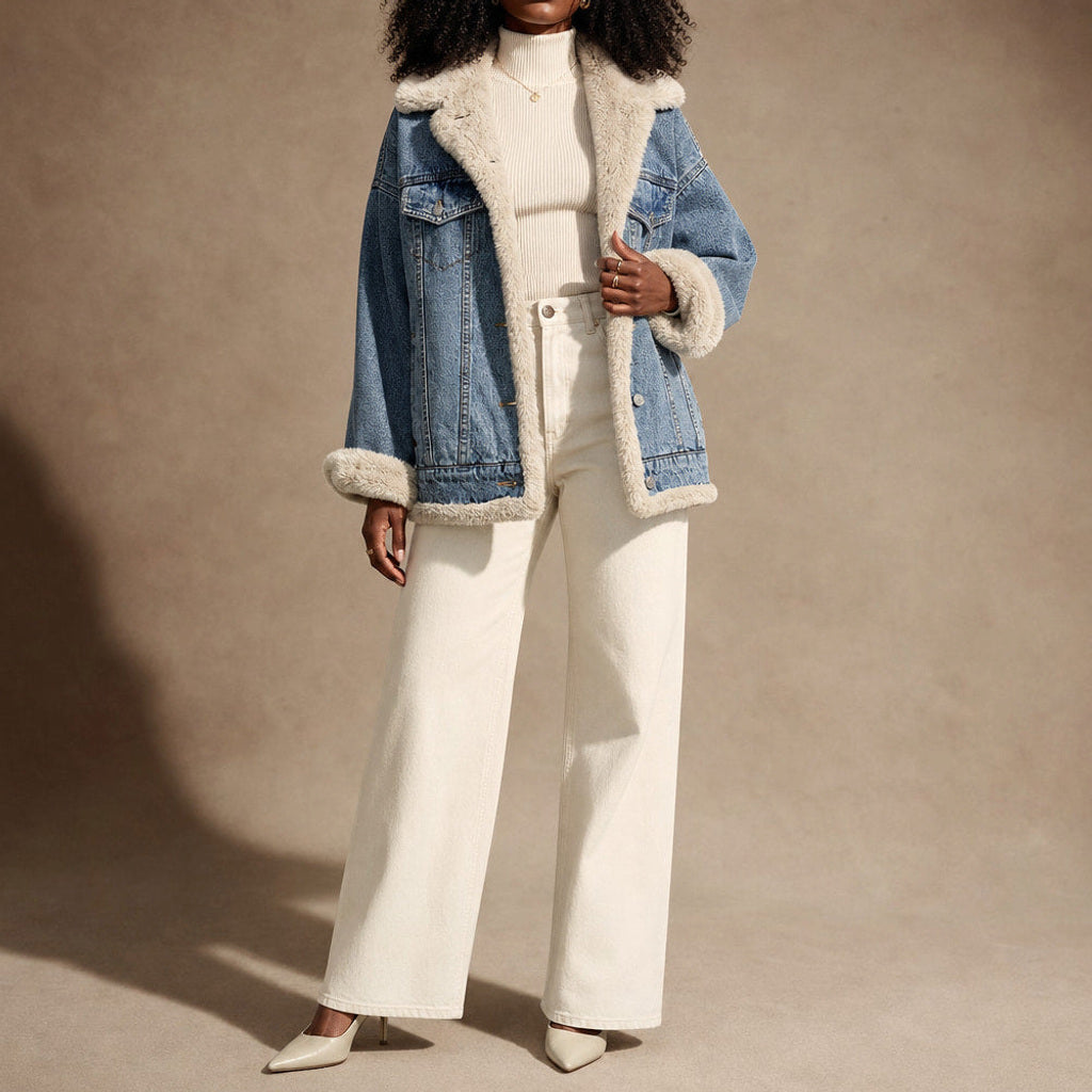 Rimhilde | Jeansmantel mit Fleecefutter Himmelblau in Himmelblau – Premium Editorial