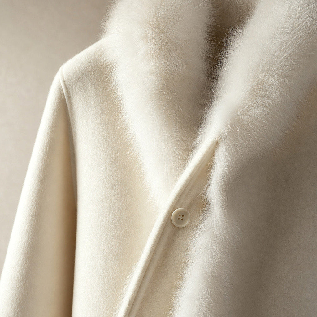 Rolanda | Wendbare Cape-Jacke mit weiten Ärmeln Beige – Stoff- und Detailaufnahme