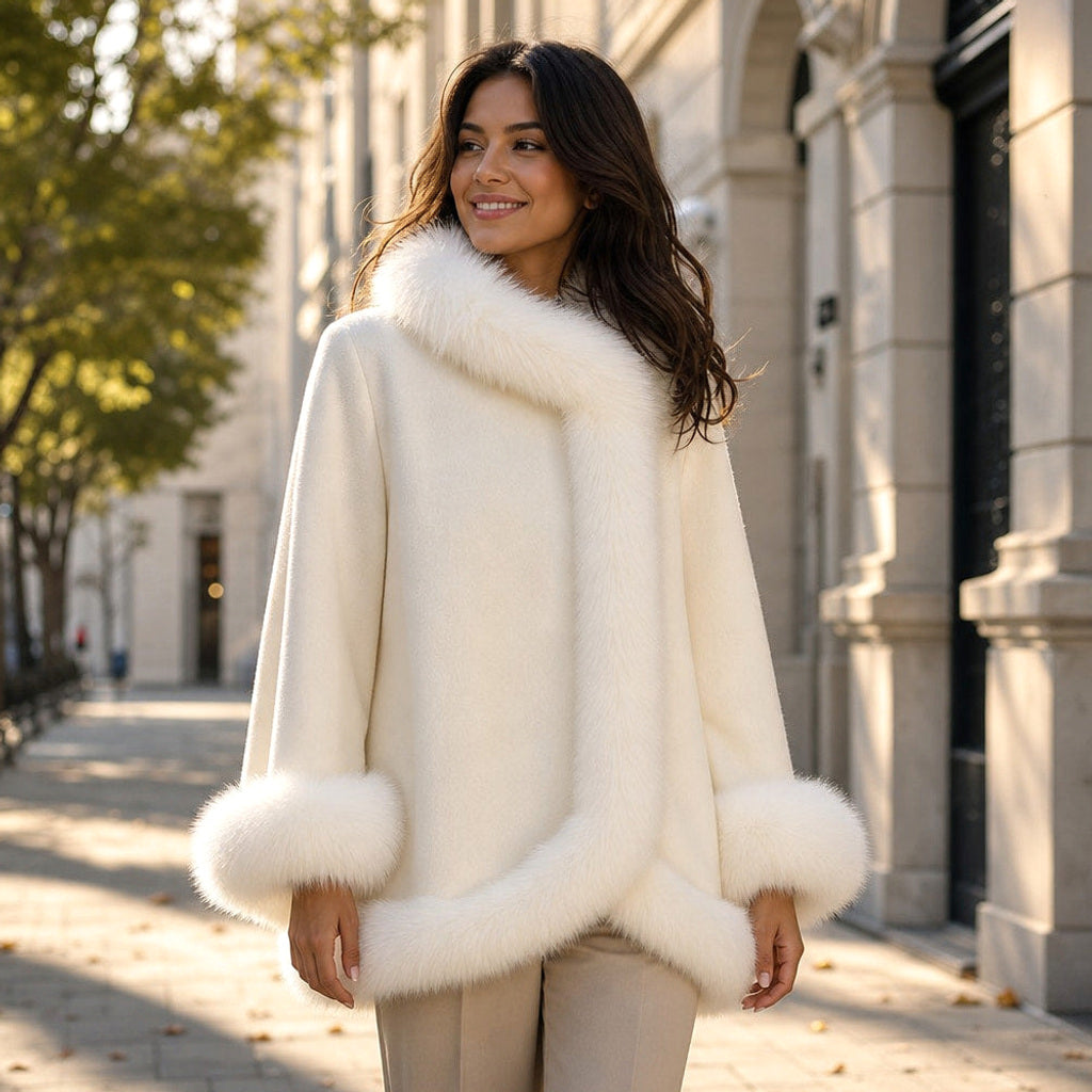 Rolanda | Wendbare Cape-Jacke mit weiten Ärmeln Beige – Gestyltes Editorial-Foto