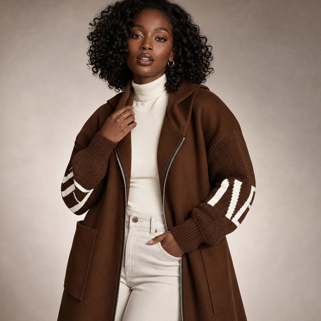 Rollinde | Bouclé Jacke mit Strickärmeln und Kapuze Braun – Produktfoto
