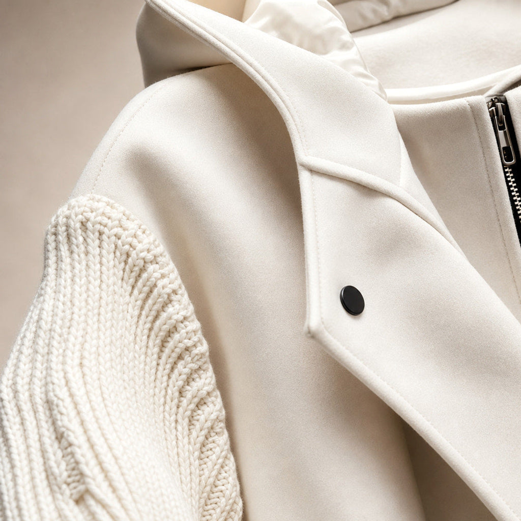 Rollinde | Bouclé Jacke mit Strickärmeln und Kapuze Weiß – Stoff- und Detailaufnahme