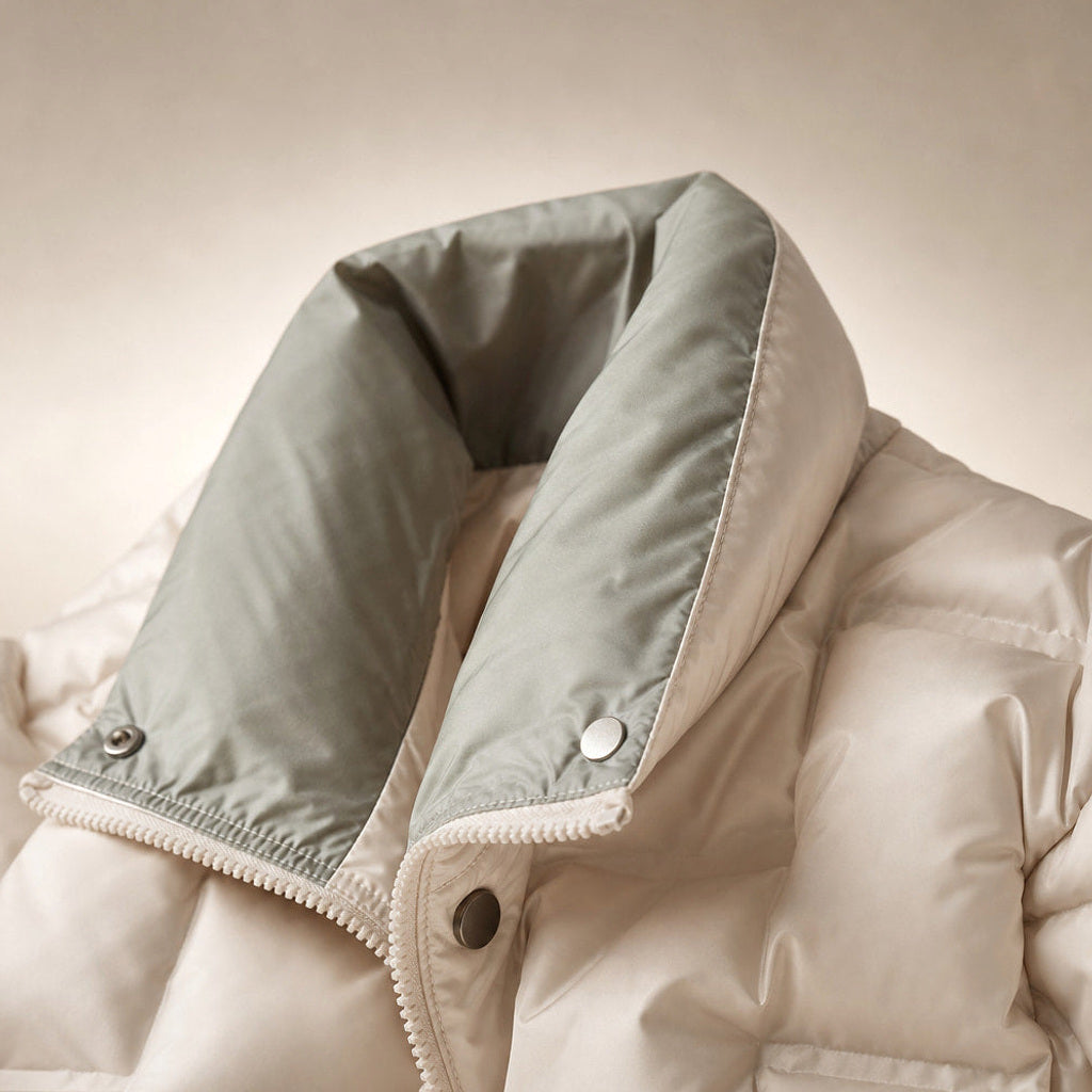 Rosamunde | Steppjacke mit Stehkragen und schmalem Schnitt Beige – Stoff- und Detailaufnahme