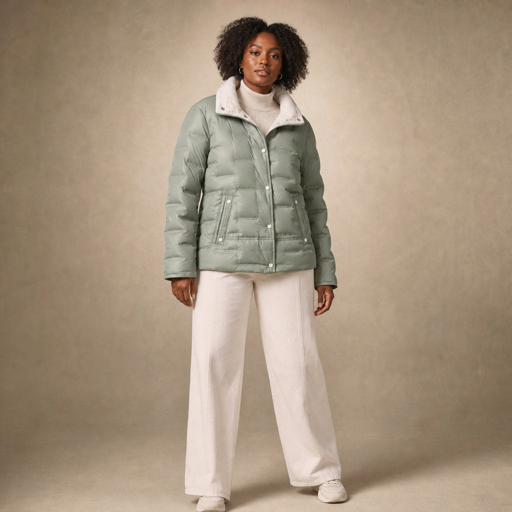 Rosamunde | Steppjacke mit Stehkragen und schmalem Schnitt in Grün – Premium Editorial