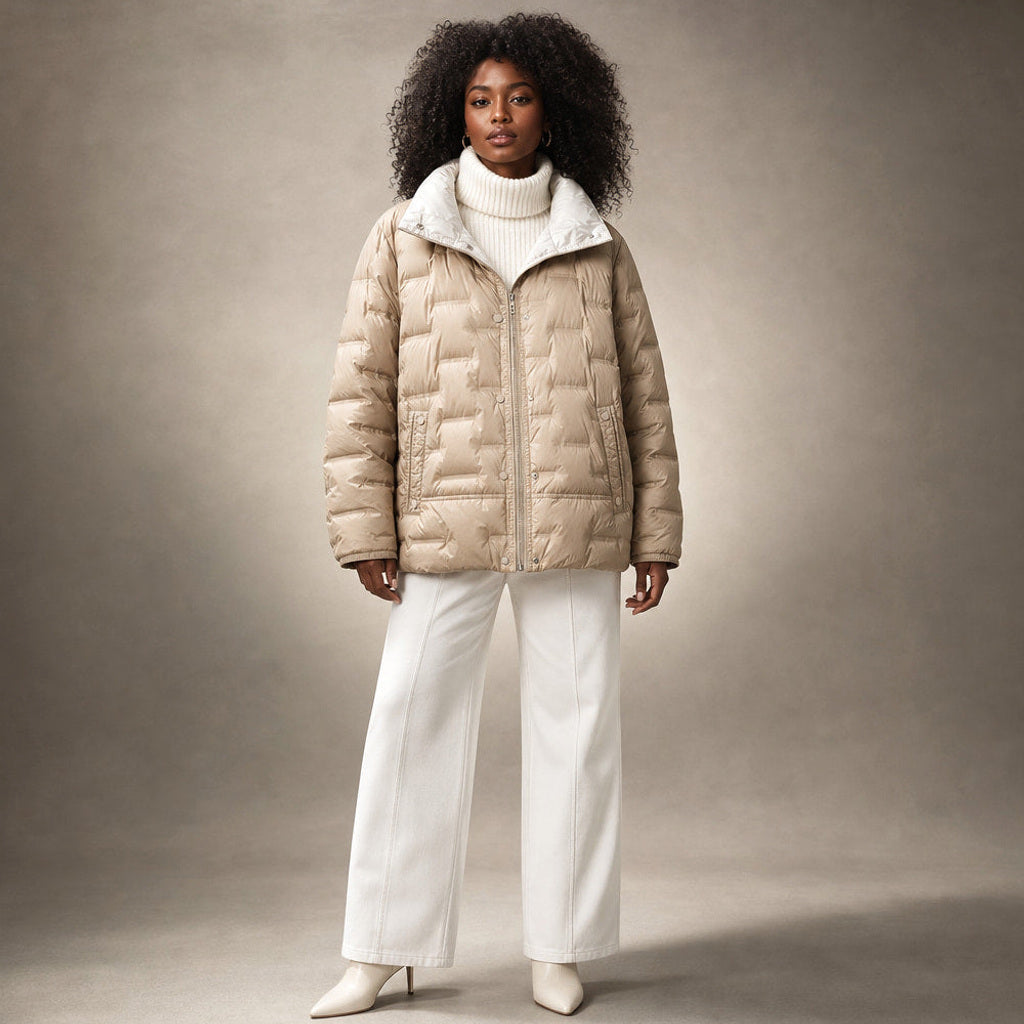 Rosamunde | Steppjacke mit Stehkragen und schmalem Schnitt in Khaki – Premium Editorial