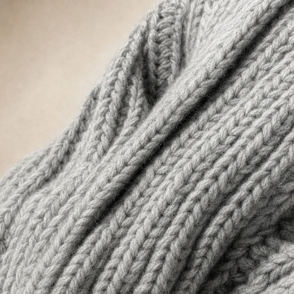 Roswitha | Strickjacke mit Laternenärmeln offene Front Hellgrau – Stoff- und Detailaufnahme