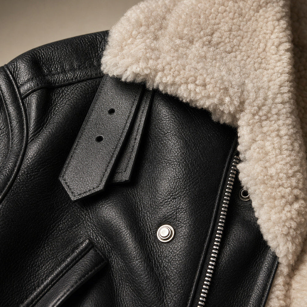 Rotlinde | Fliegerjacke in Lederoptik mit Sherpa-Futter Schwarz – Stoff- und Detailaufnahme