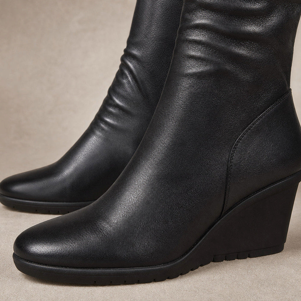 Rotraud | Chelsea Boots Schwarz mit verdecktem Keilabsatz Schwarz – Stoff- und Detailaufnahme