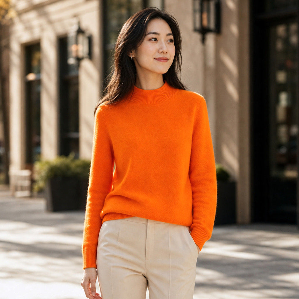 Rottrud | Feinstrickpullover mit Rundhalsausschnitt Orange – Gestyltes Editorial-Foto