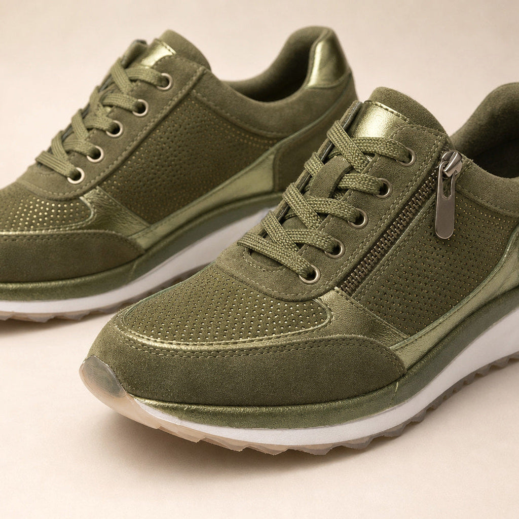 Rudolfine | Plateau-Sneaker mit Metallic-Einsatz Oliv / Grün – Stoff- und Detailaufnahme