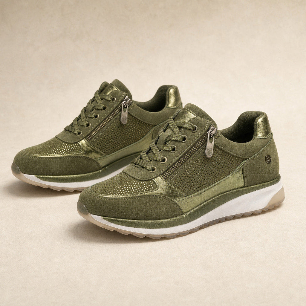 Rudolfine | Plateau-Sneaker mit Metallic-Einsatz in Oliv / Grün – Premium Editorial