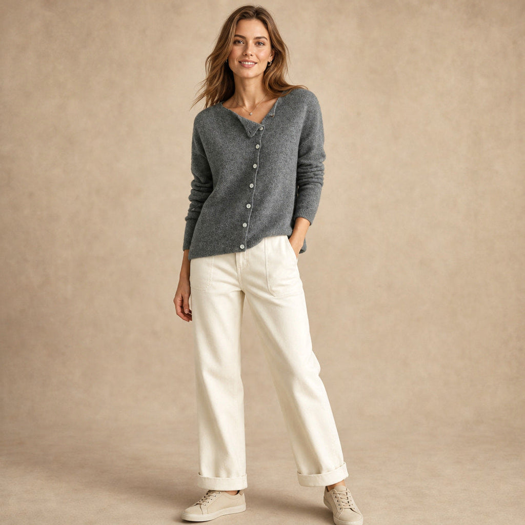 Rufine | Feinstrick-Strickjacke mit durchgehender Knopfleiste Grau – Seitenansicht