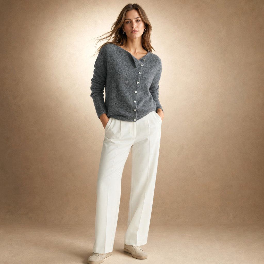 Rufine | Feinstrick-Strickjacke mit durchgehender Knopfleiste Grau – Gesamtlook