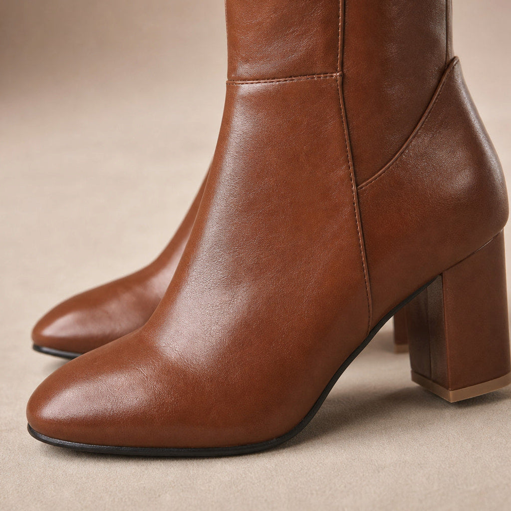 Ruperta | Overknee Stiefel mit Blockabsatz Braun – Stoff- und Detailaufnahme