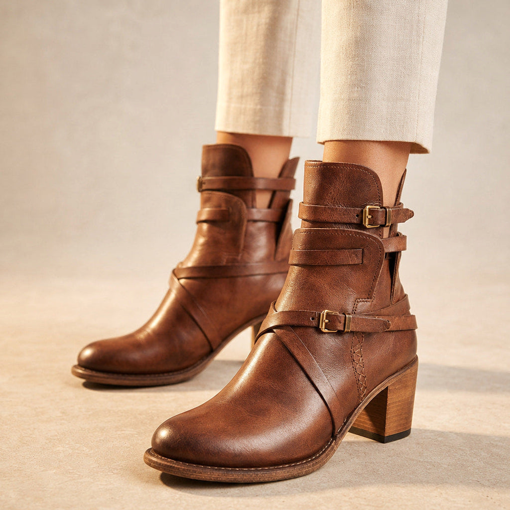 Sabine | Chelsea Boots mit Schnallenriemen und Blockabsatz Braun – Produktfoto