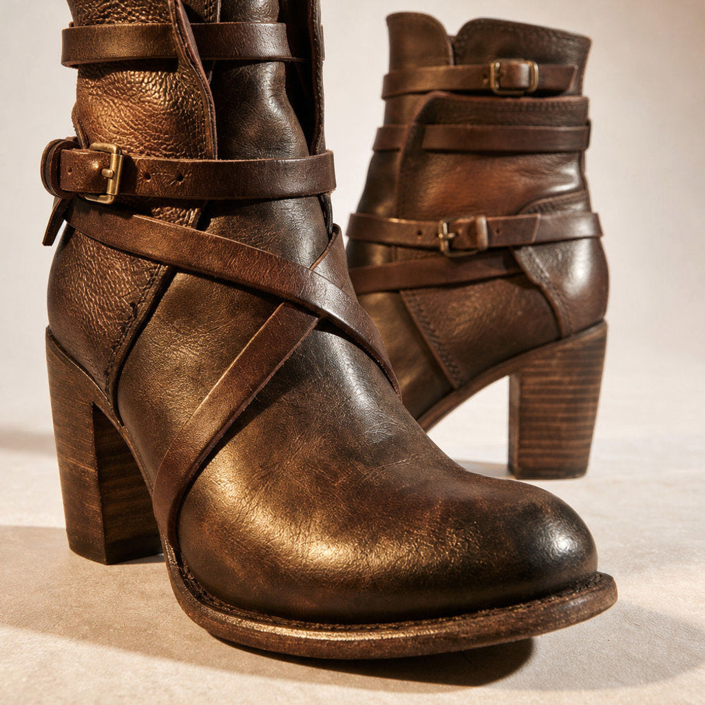 Sabine | Chelsea Boots mit Schnallenriemen und Blockabsatz Dunkelbraun – Stoff- und Detailaufnahme