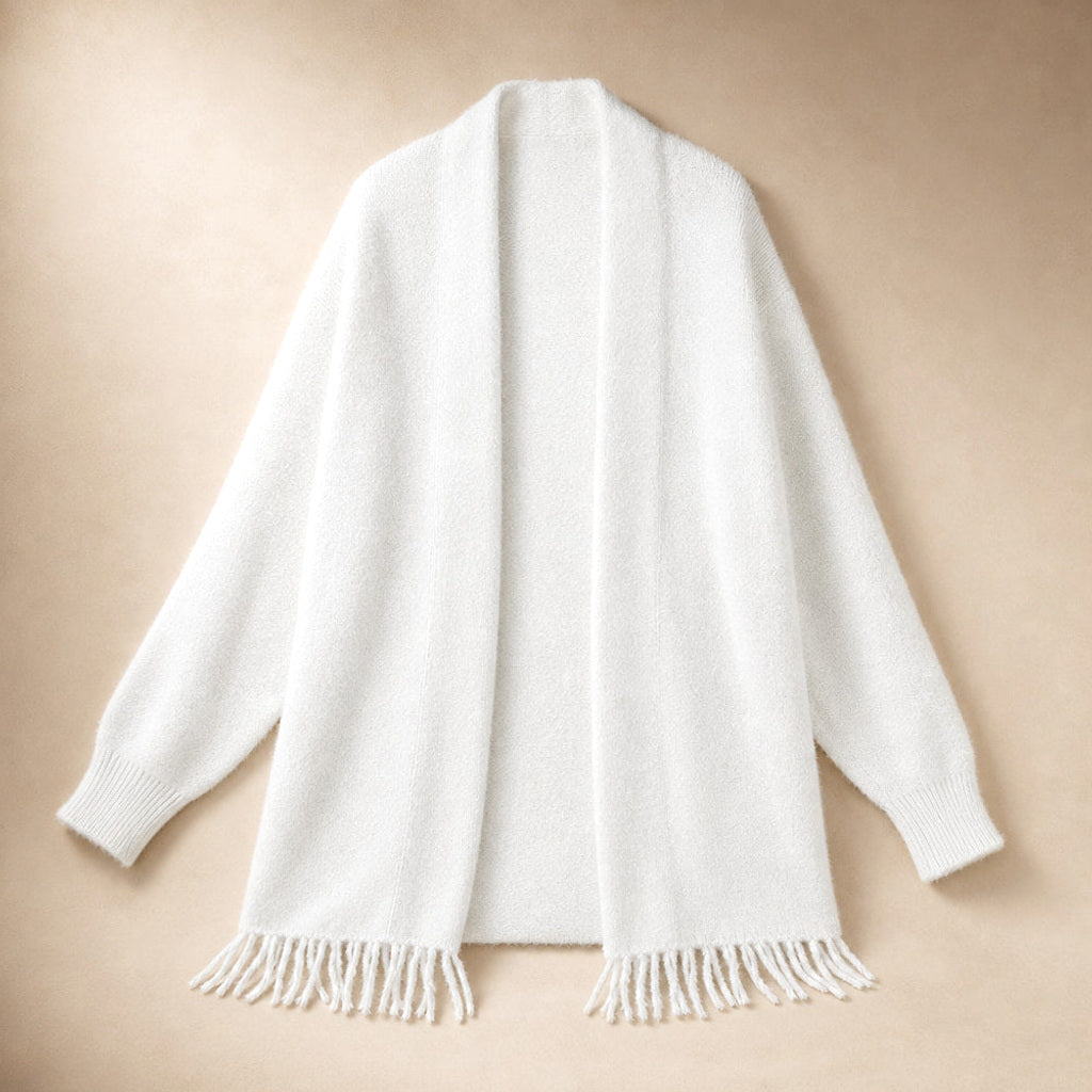 Scholastika | Lange Strickjacke mit Fransenkante und offener Front Weiß – Produktfoto