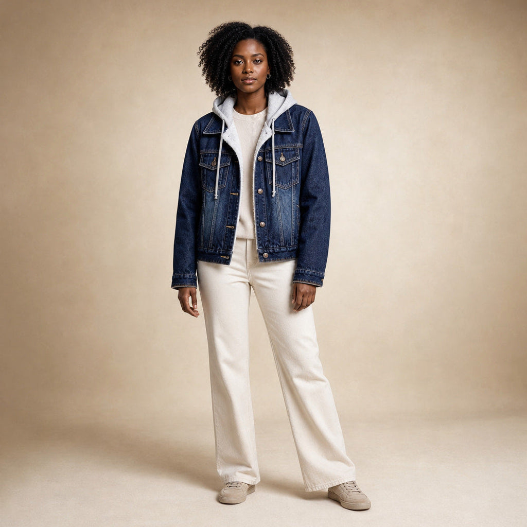 Scholastike | Jeansjacke mit Kapuze Relaxed Fit in Dark Blue Shearling – Premium Editorial
