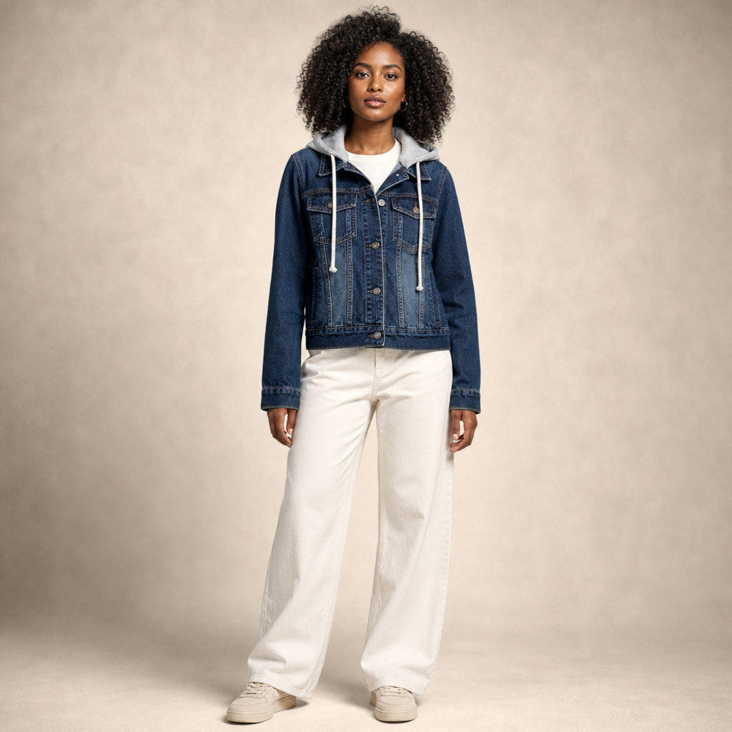 Scholastike | Jeansjacke mit Kapuze Relaxed Fit in Dunkelblau – Premium Editorial