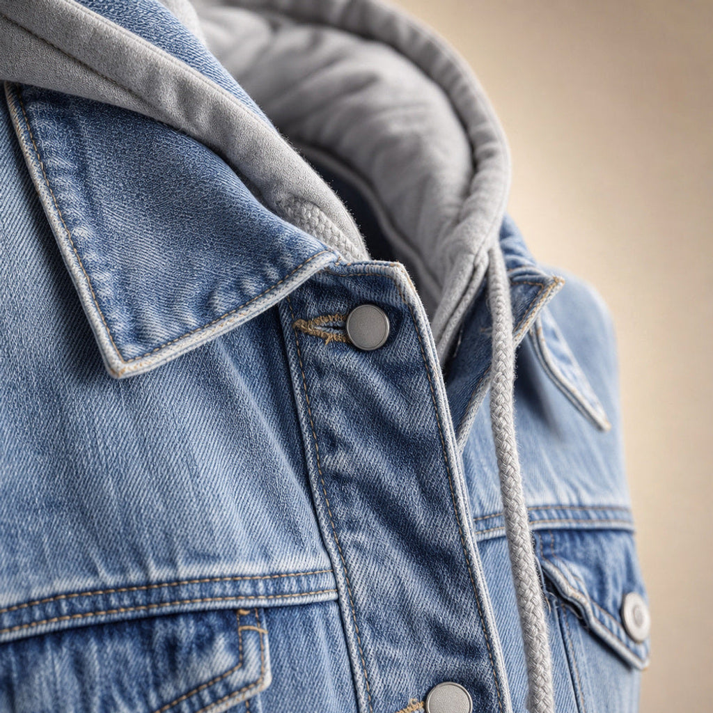 Scholastike | Jeansjacke mit Kapuze Relaxed Fit Hellblau – Stoff- und Detailaufnahme