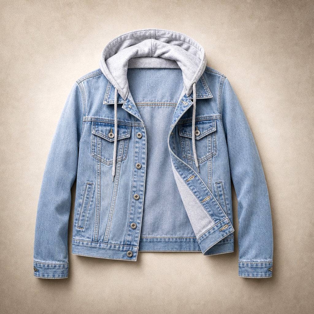Scholastike | Jeansjacke mit Kapuze Relaxed Fit Hellblau – Flatlay-Produktfoto