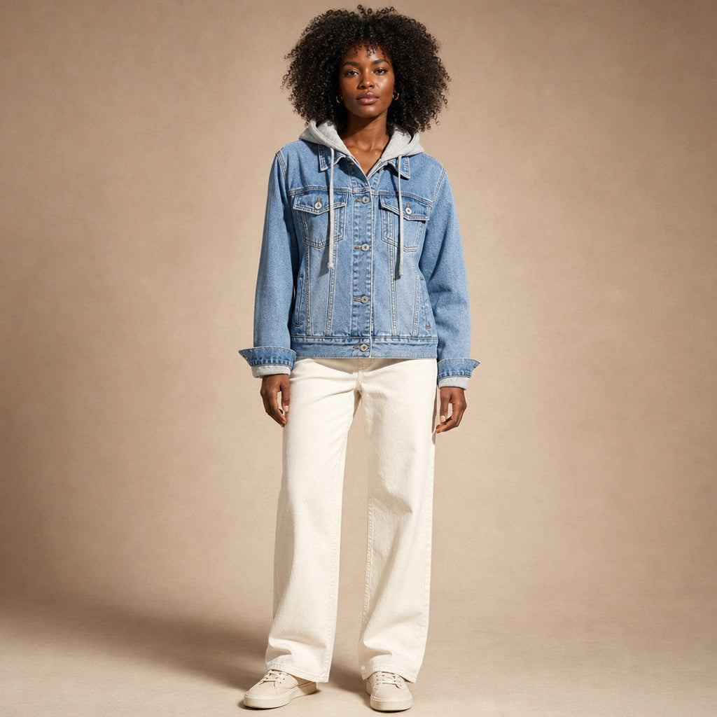 Scholastike | Jeansjacke mit Kapuze Relaxed Fit in Hellblau – Premium Editorial