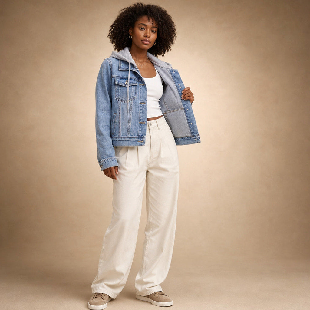 Scholastike | Jeansjacke mit Kapuze Relaxed Fit Hellblau – Innenfutter im Detail