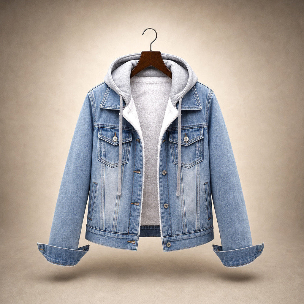 Scholastike | Jeansjacke mit Kapuze Relaxed Fit Light Blue Shearling – Produktfoto