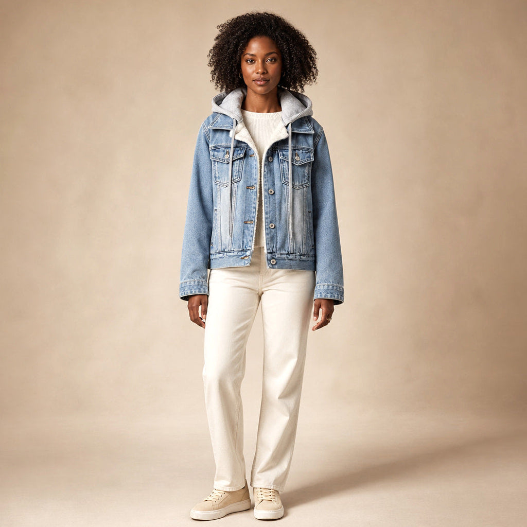 Scholastike | Jeansjacke mit Kapuze Relaxed Fit in Light Blue Shearling – Premium Editorial