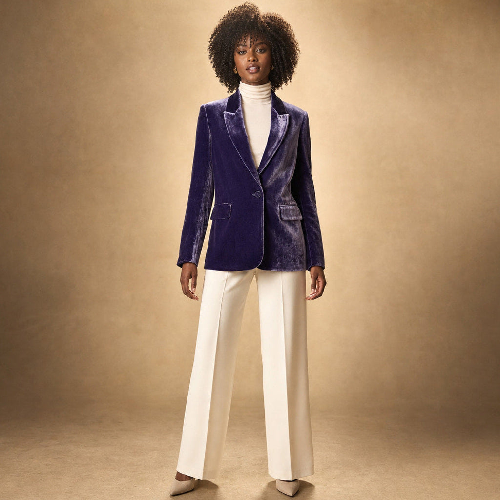 Selma | Blazer mit Goldstickerei in Samtoptik in Dunkellila – Premium Editorial