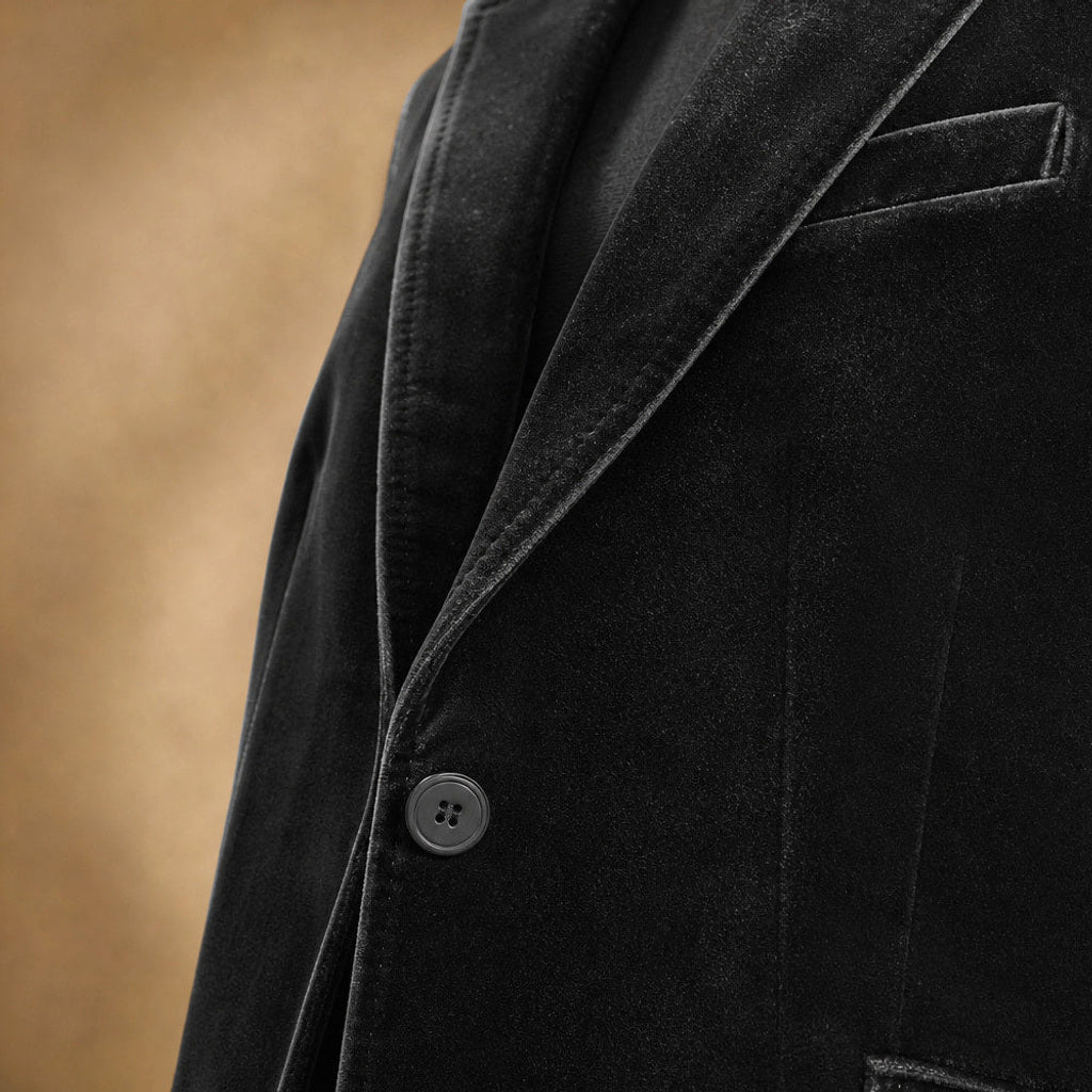 Selma | Blazer mit Goldstickerei in Samtoptik Schwarz – Stoff- und Detailaufnahme