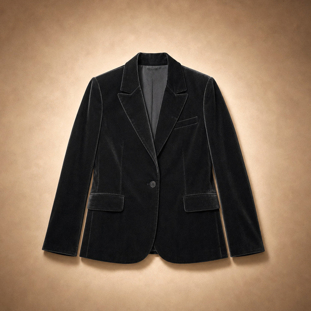 Selma | Blazer mit Goldstickerei in Samtoptik Schwarz – Flatlay-Produktfoto