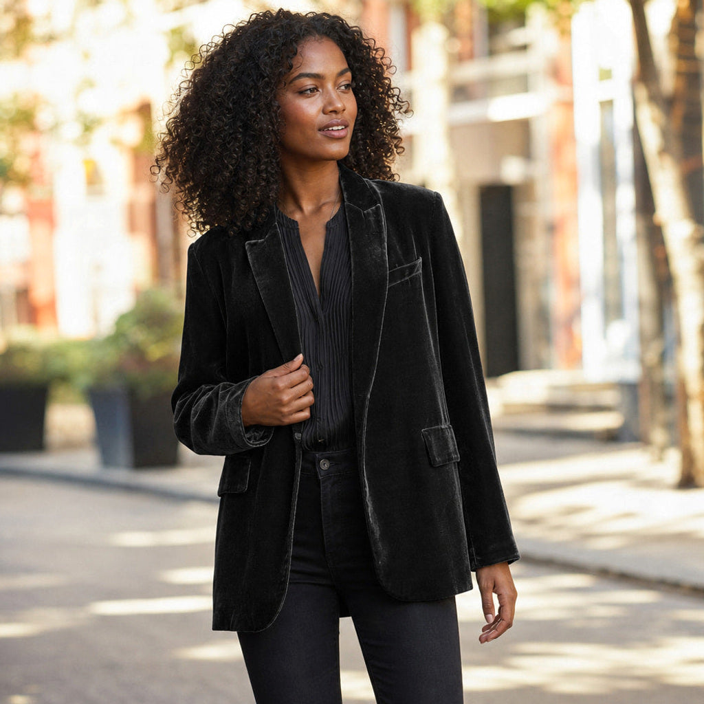 Selma | Blazer mit Goldstickerei in Samtoptik Schwarz – Gestyltes Editorial-Foto
