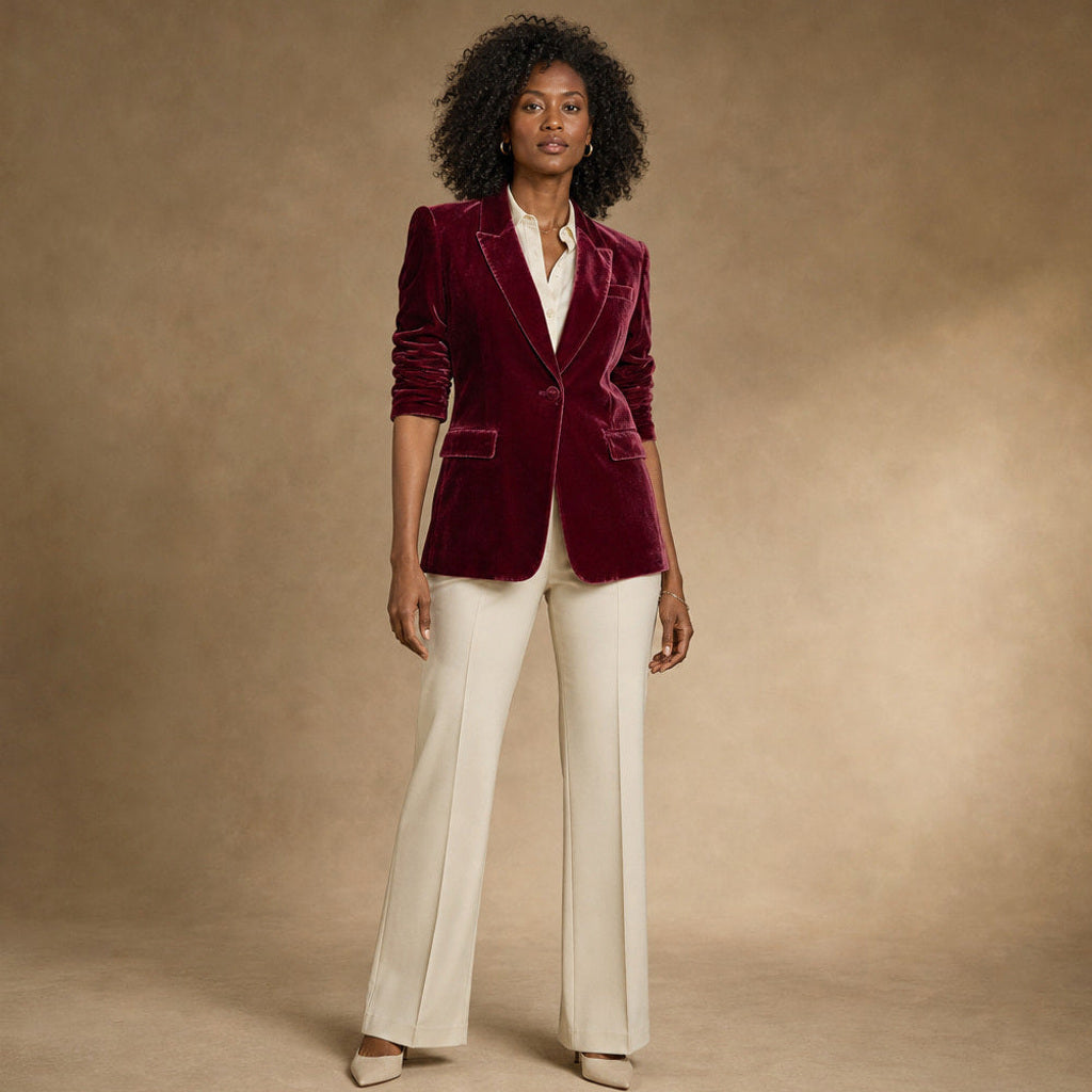 Selma | Blazer mit Goldstickerei in Samtoptik in Weinrot – Premium Editorial