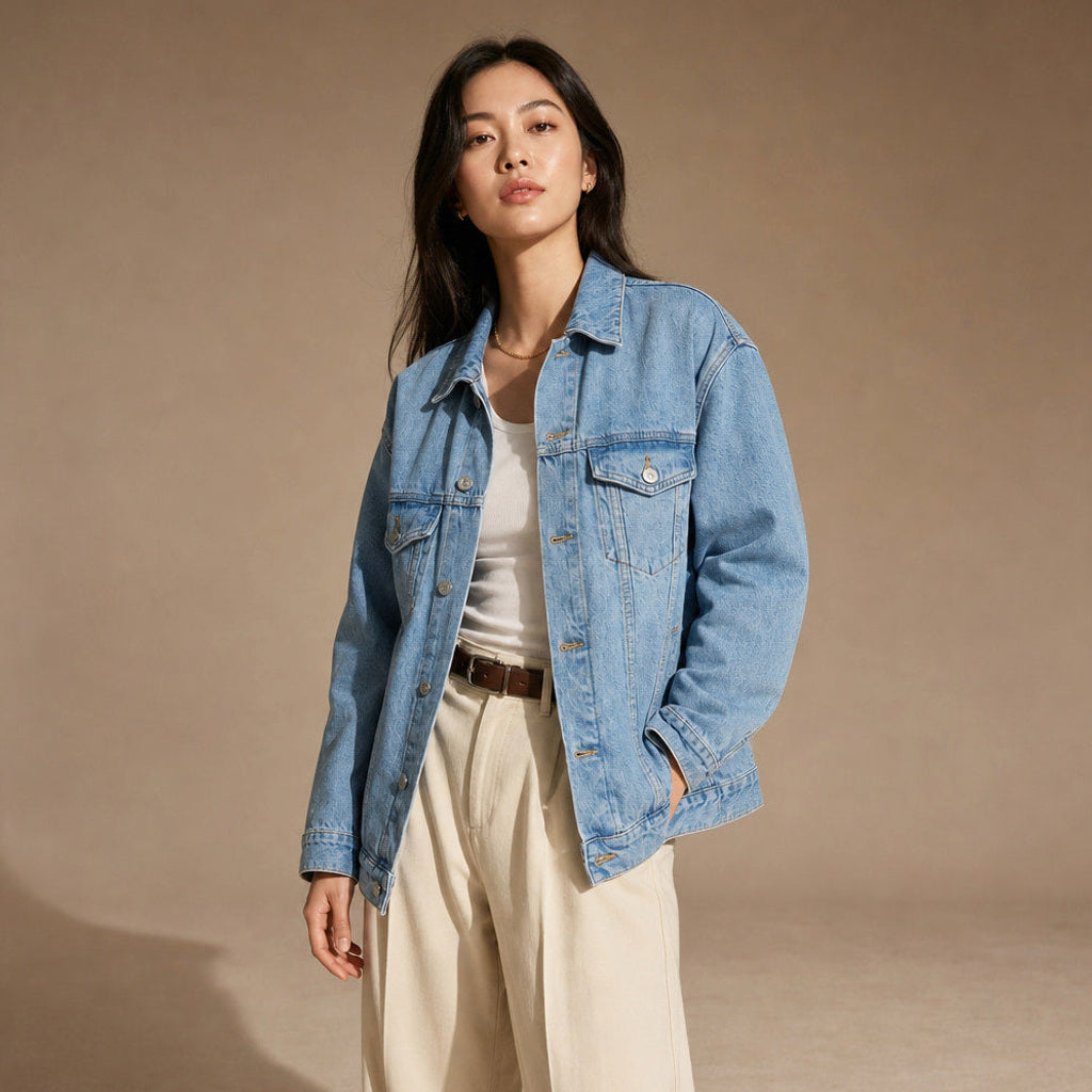 Sieglinde | Jeansjacke Oversized mit klassischem Kragen Denim – Seitenansicht