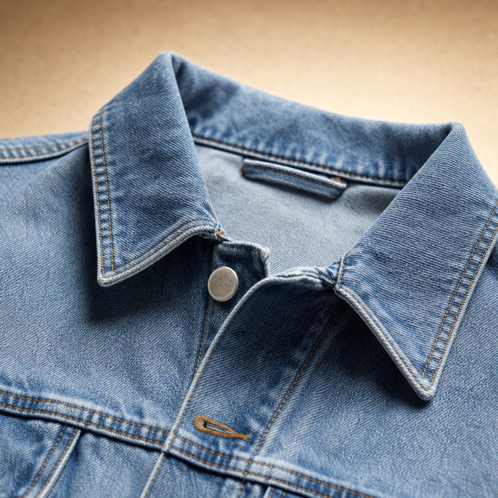 Sieglinde | Jeansjacke Oversized mit klassischem Kragen Denim – Stoff- und Detailaufnahme