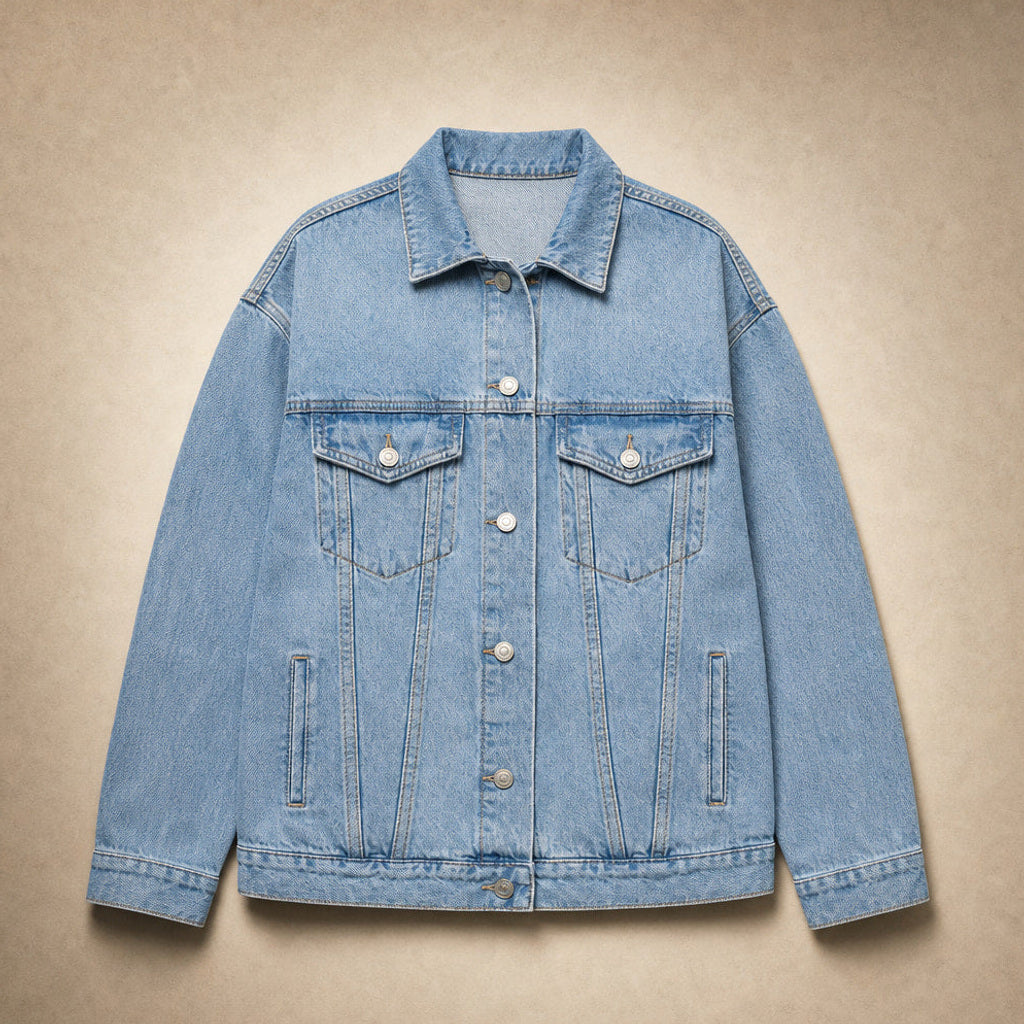 Sieglinde | Jeansjacke Oversized mit klassischem Kragen Denim – Flatlay-Produktfoto