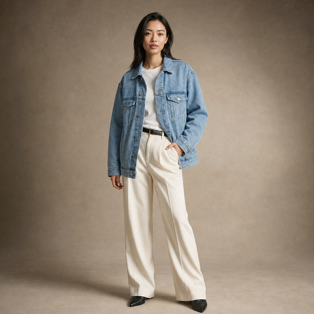 Sieglinde | Jeansjacke Oversized mit klassischem Kragen Denim – Gesamtlook