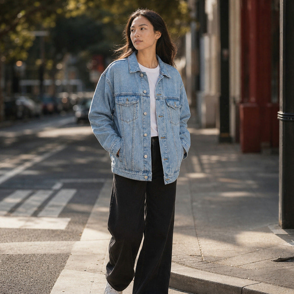 Sieglinde | Jeansjacke Oversized mit klassischem Kragen Denim – Gestyltes Editorial-Foto