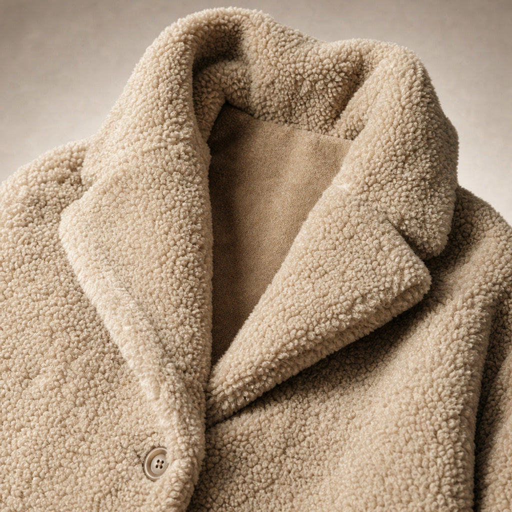Siglinde | Langer Wollmantel mit Teddy-Optik und Kapuze Beige – Stoff- und Detailaufnahme