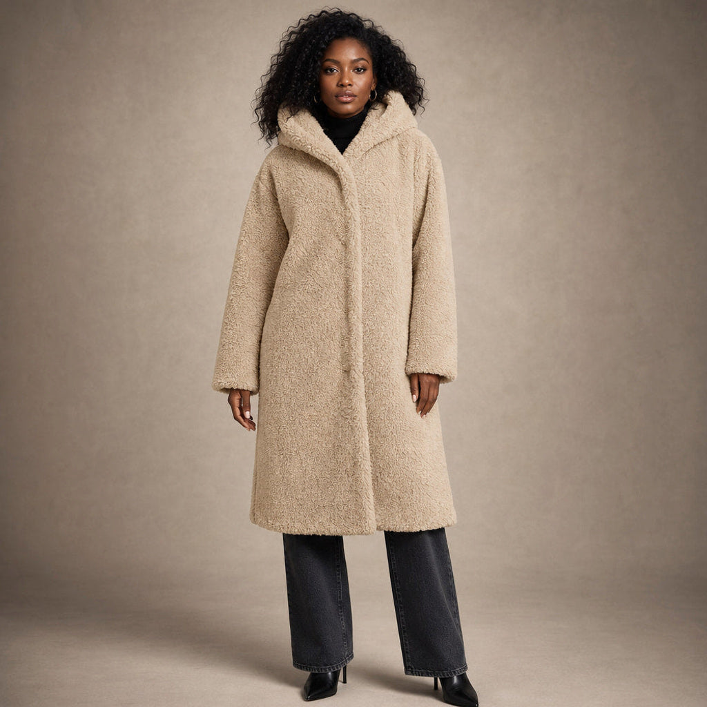 Siglinde | Langer Wollmantel mit Teddy-Optik und Kapuze in Beige – Premium Editorial