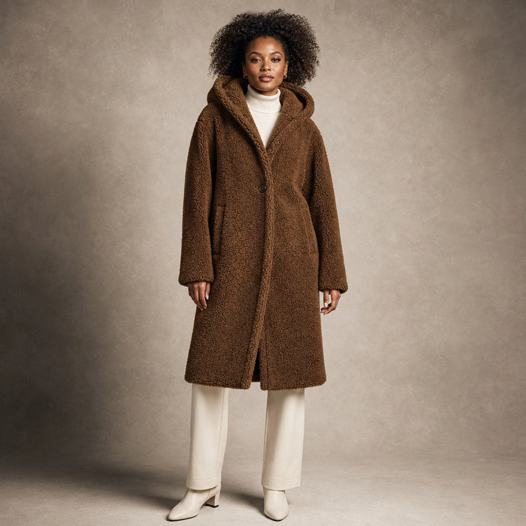Siglinde | Langer Wollmantel mit Teddy-Optik und Kapuze in Braun – Premium Editorial