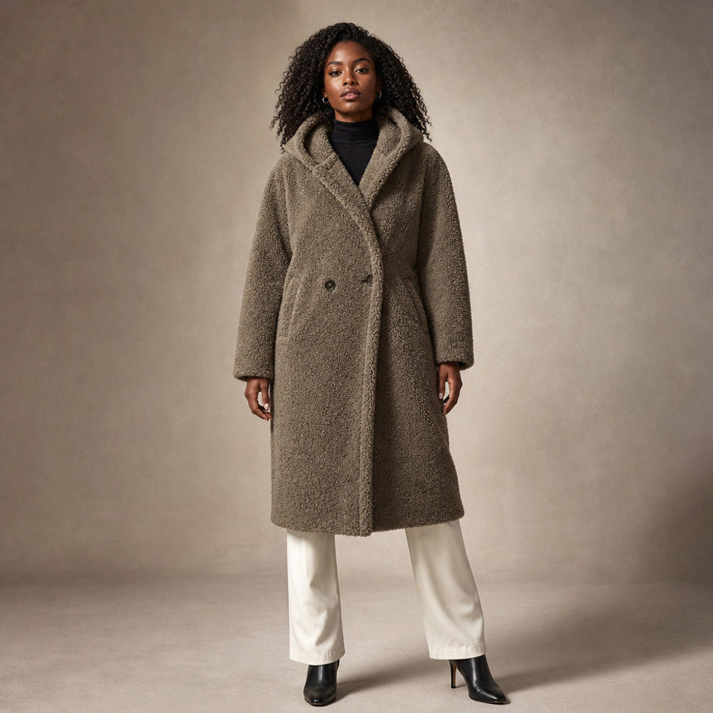 Siglinde | Langer Wollmantel mit Teddy-Optik und Kapuze in Khaki – Premium Editorial
