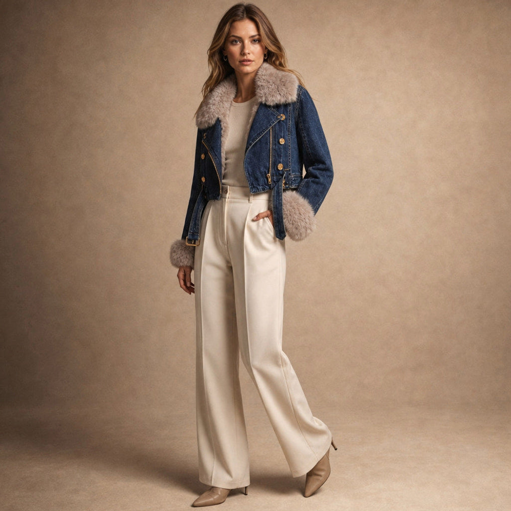 Sigtrud | Jeansjacke mit Teddyfutter im Oversize-Schnitt Dunkelblau – Seitenansicht