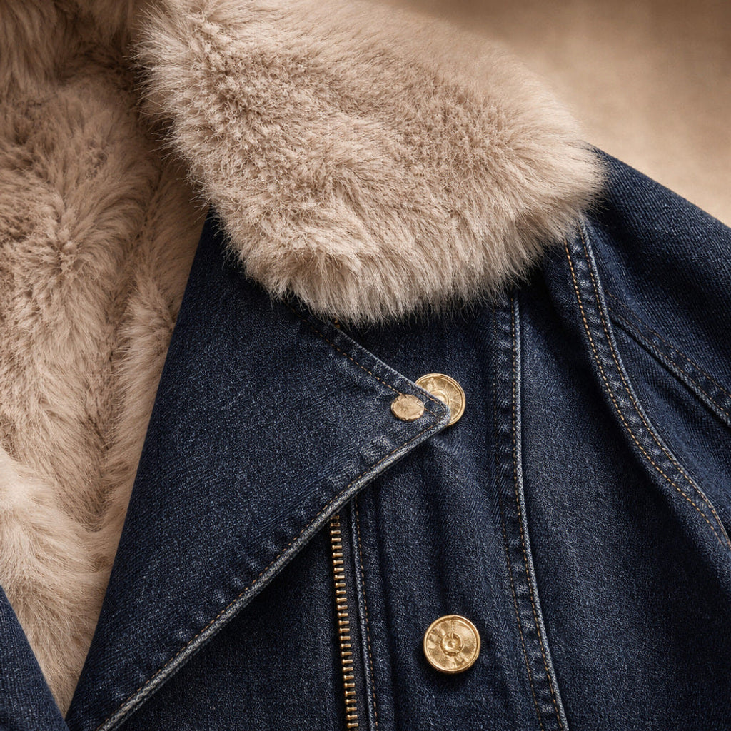 Sigtrud | Jeansjacke mit Teddyfutter im Oversize-Schnitt Dunkelblau – Stoff- und Detailaufnahme