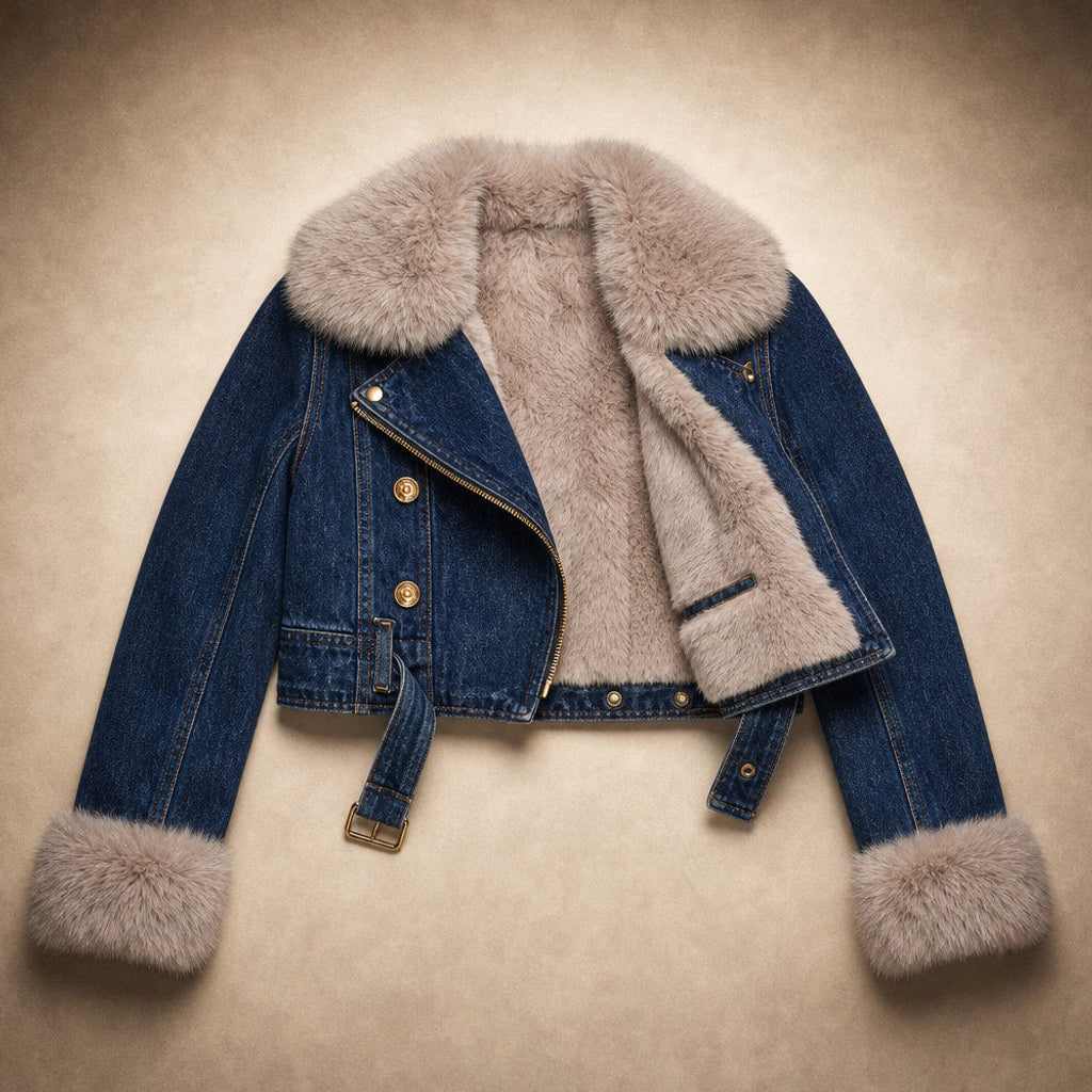 Sigtrud | Jeansjacke mit Teddyfutter im Oversize-Schnitt Dunkelblau – Flatlay-Produktfoto