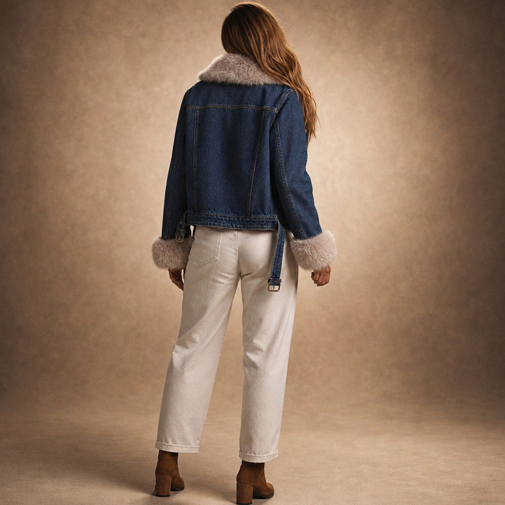 Sigtrud | Jeansjacke mit Teddyfutter im Oversize-Schnitt Dunkelblau – Gesamtlook