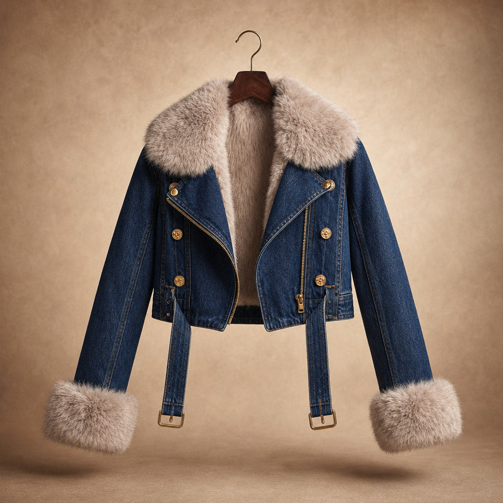 Sigtrud | Jeansjacke mit Teddyfutter im Oversize-Schnitt Dunkelblau – Produktfoto