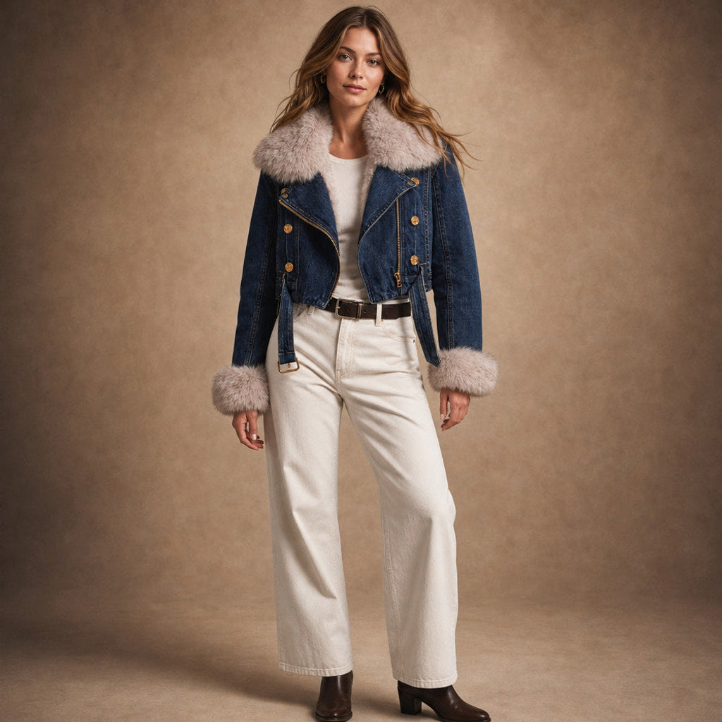Sigtrud | Jeansjacke mit Teddyfutter im Oversize-Schnitt in Dunkelblau – Premium Editorial