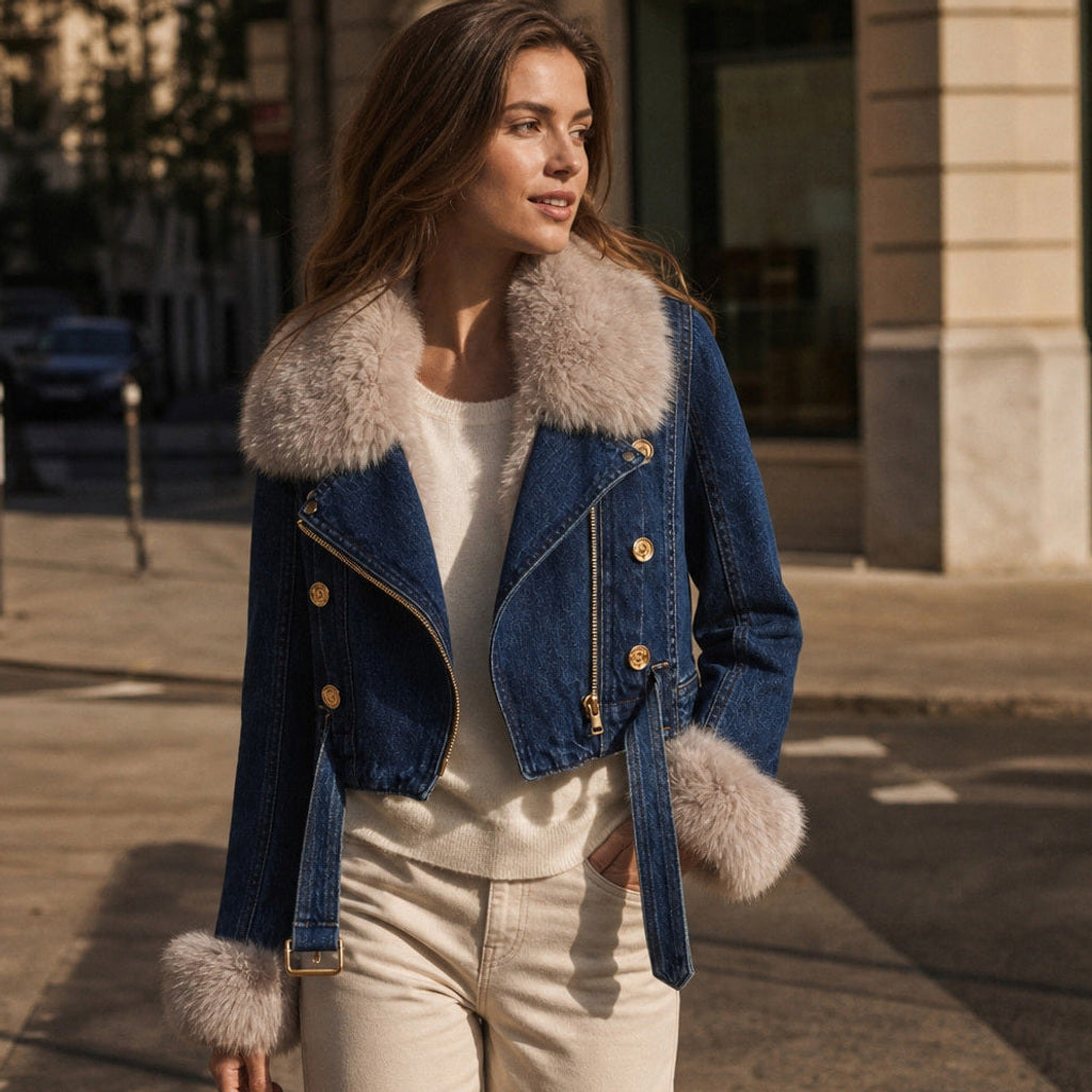 Sigtrud | Jeansjacke mit Teddyfutter im Oversize-Schnitt Dunkelblau – Gestyltes Editorial-Foto