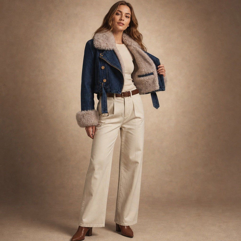 Sigtrud | Jeansjacke mit Teddyfutter im Oversize-Schnitt Dunkelblau – Innenfutter im Detail